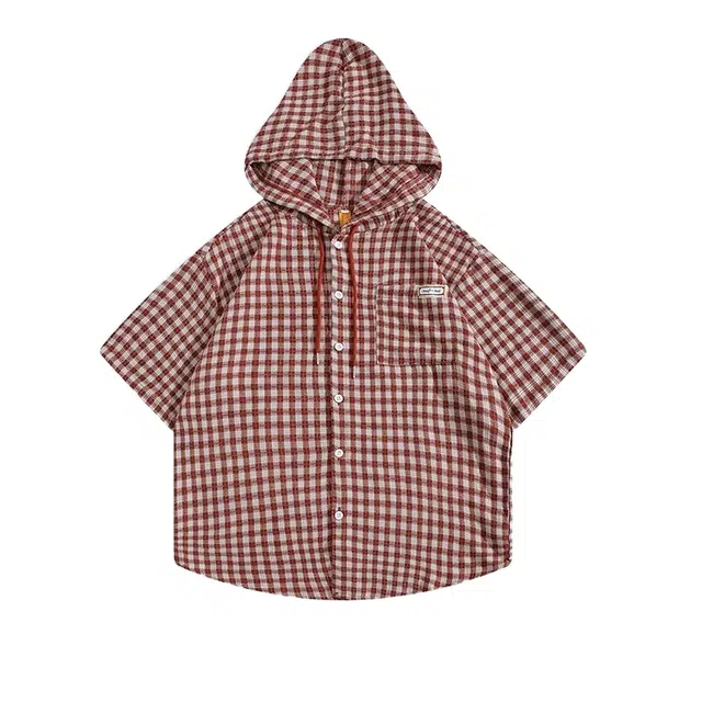 桴生 美式格子连帽薄款港味短袖衬衫 女款