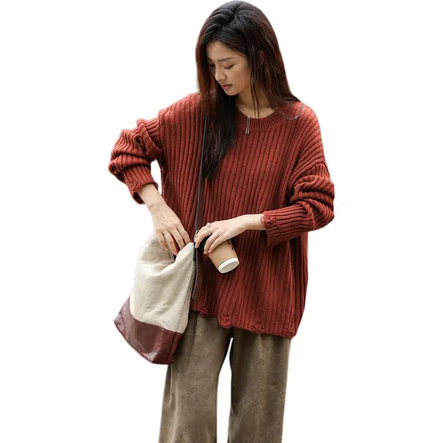 【dme】 复古时髦休闲宽松圆领百搭长袖针织衫 女款