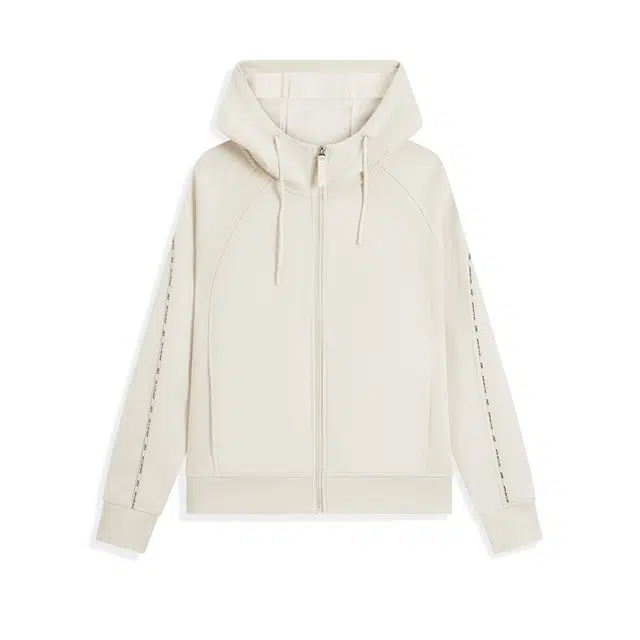 特步 综训系列宽松连帽登山休闲户外简约纯色运动上衣针织长袖训练健身拉链夹克外套 明月白 女款