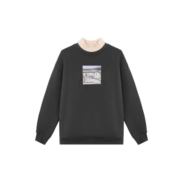 麓蔓蒂 拼色半高领图案印花加绒加厚假两件摇粒绒套头卫衣 女款