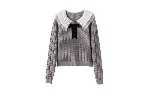 花栗鼠小姐 蕾丝木耳边半高领针织衫 女款 翻领灰