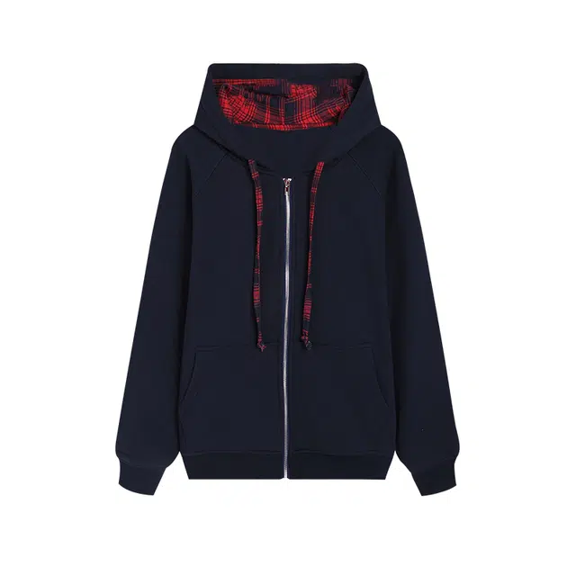 冰淇淋与鲸 基础款宽松开衫连帽加厚格子拼接卫衣 女款 绀色拼接红格子