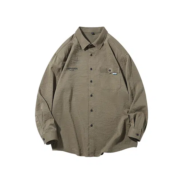 曲韩 美式复古字母印花口袋休闲外套翻领纽扣长袖衬衫 男女同款