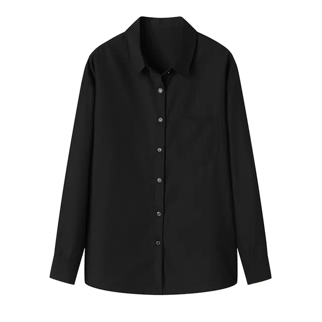 曲韩 口袋翻领宽松显瘦上衣简约经典百搭长袖春季衬衫 女款 职场黑