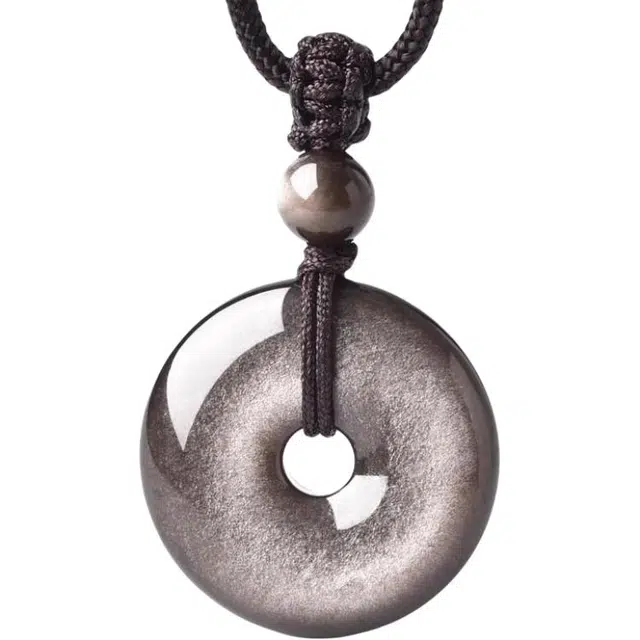 迈奇的礼物 好运自然女神收藏级银曜平安扣钥匙扣挂件项链天然 黑曜石 吊坠 男女同款情侣款