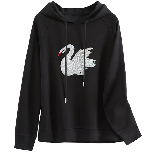 她池 撞色亮片宽松休闲连帽卫衣 女款 黑色