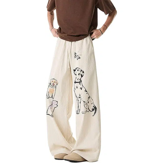 黑马漫画 薄款潮牌宽松简约直筒休闲裤 男女同款 米白色