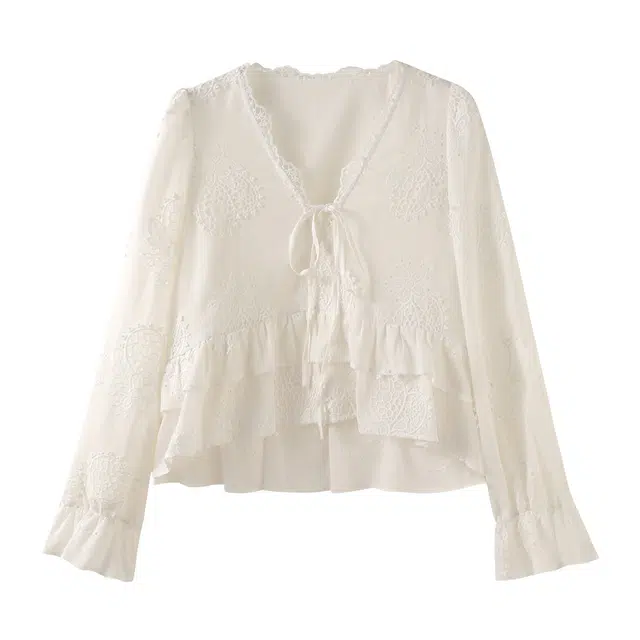 花栗鼠小姐 白月光 基础百搭纯色镂空刺绣小衫衬衫 女款 白色