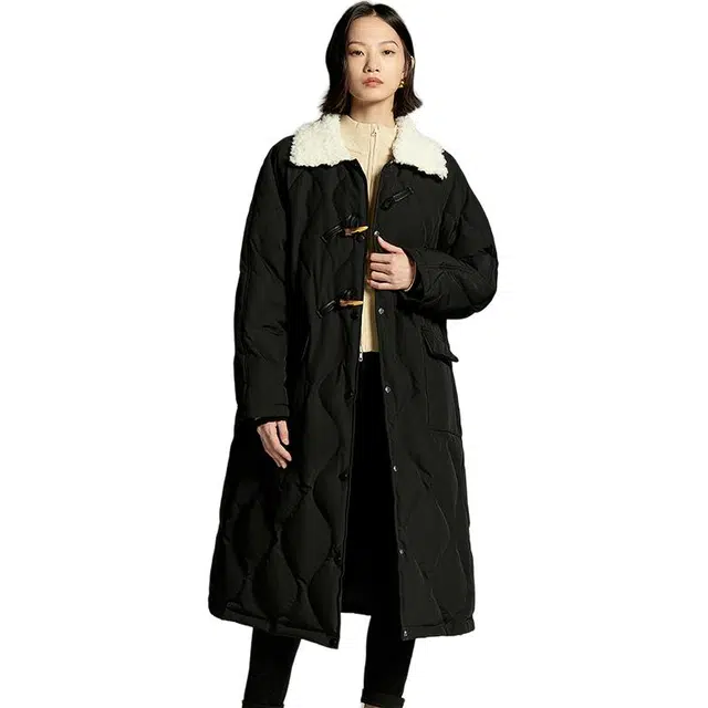 初语 毛绒领菱格纹复古长款过膝加厚外套羽绒服 女款