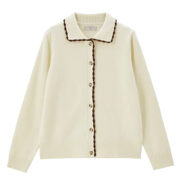 佐丹奴 软糯甜美撞色手勾线翻领单排扣开衫长袖针织衫 女款 奶油白