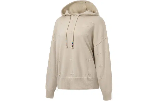 中国李宁 纯色宽松连帽套头长袖针织衫 女款 浅奶褐