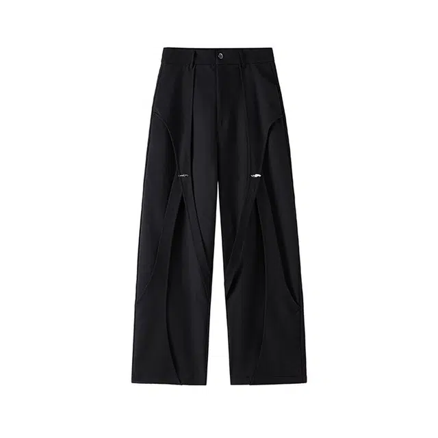 哲源 美式复古潮流高街街头拼接立体纯色嘻哈痞帅酷帅解构飘带小众设计宽松百搭拖地垂感直筒休闲裤 男女同款 黑色