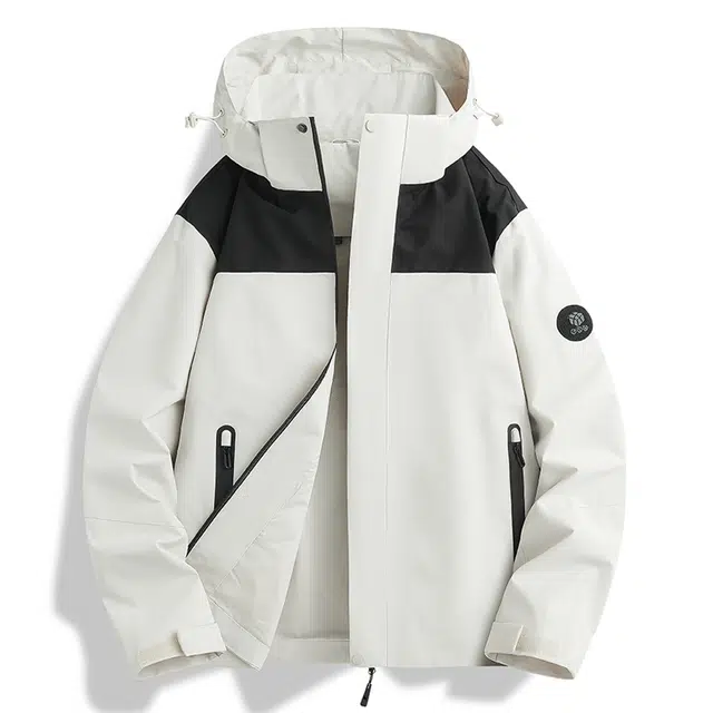 木林森 户外防风防雨可拆卸帽拼接色登山服夹克外套 女款 象牙白