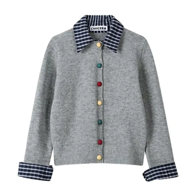 桴生 设计感格子拼接翻领假两件上衣女春季短款开衫针织衫 女款