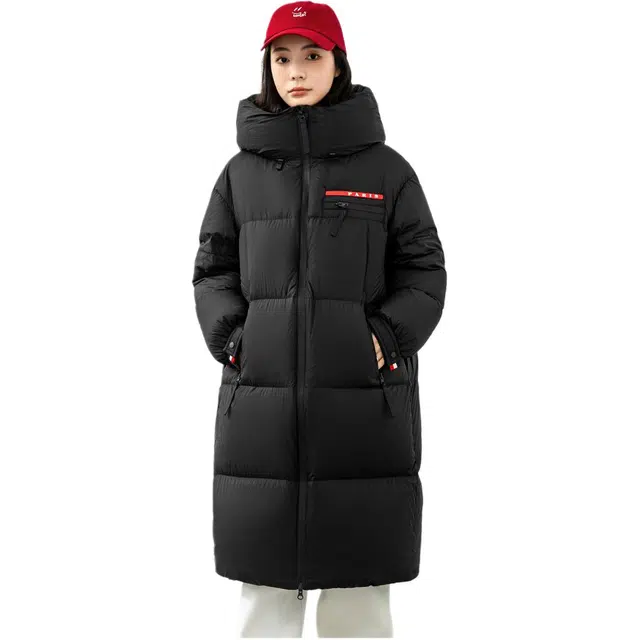 鸭鸭 纯色中长款加厚羽绒服 女款 黑色