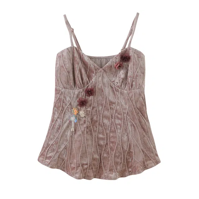 花栗鼠小姐 高级重工古董绒面花朵吊带 女款 香芋紫