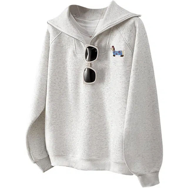 她池 套头半拉链翻领宽松刺绣狗狗短款长袖卫衣 女款 浅花灰