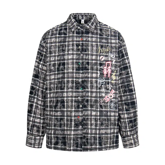 水中花 情侣美式复古格子氛围感宽松长袖衬衫 男女同款