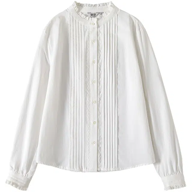 她池 时尚法式琴褶单排扣宽松立领长袖衬衫 女款 白色