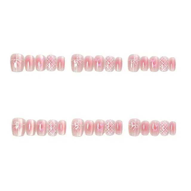 计轩 格纹蝴蝶猫眼  穿戴甲 短方圆粉色跳色