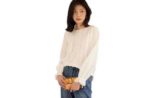 【dme】 蕾丝休闲圆领宽松套头长袖衬衫 女款 白色
