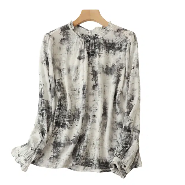 曲韩 水墨印花短款真丝小衫上衣复古优雅桑蚕丝长袖春季衬衫 女款 米白