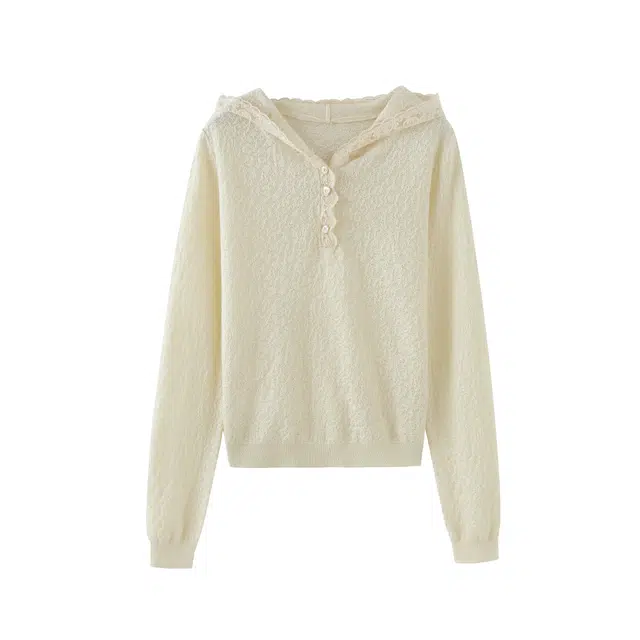 花栗鼠小姐 叠穿小帽衫 松弛慵懒感连帽拼接花边层次感柔软合身遮肉内搭针织衫 女款 白色
