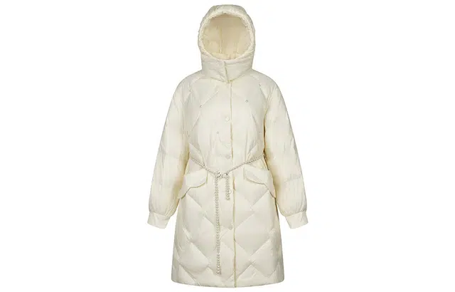 艾莱依 珍珠腰带设计纯色连帽立领合身中长款羽绒服 女款