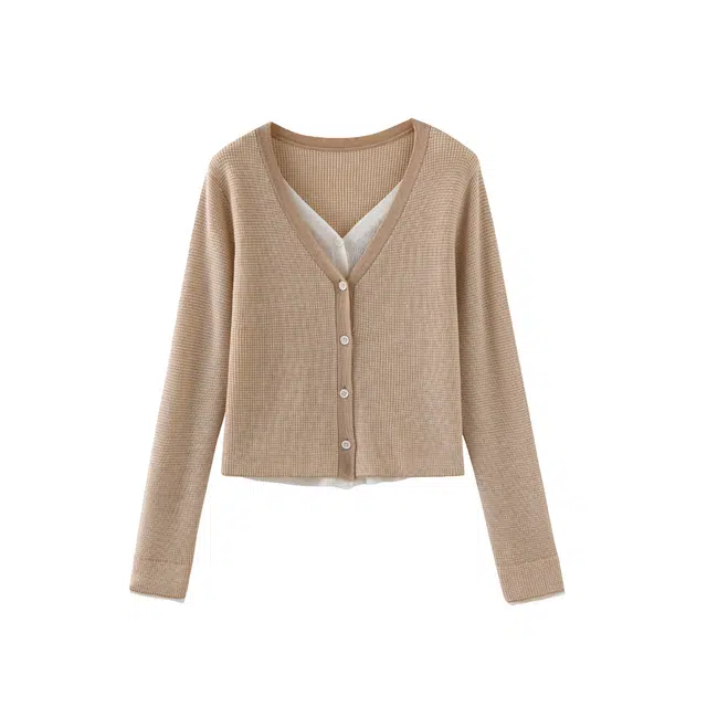 花栗鼠小姐 基础百搭撞色假两件休闲时尚长袖针织衫 女款 浅燕麦