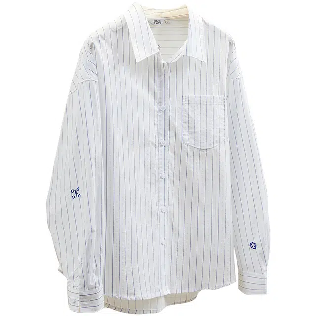 她池 时尚宽松款单排扣中长款翻领长袖衬衫 女款 蓝色条纹