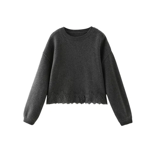 花栗鼠小姐 芭蕾梦响曲 温柔百搭减龄圆领灯笼袖下摆拼接蕾丝边宽松针织衫 女款