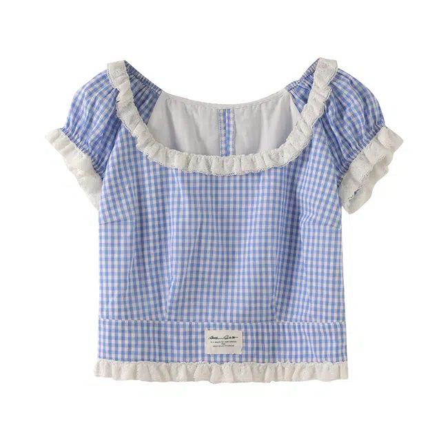 花栗鼠小姐 蓝白织梦短款短袖衬衫 女款 小蓝格
