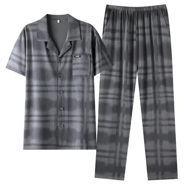 潞优野 大码舒适翻领短袖上衣可外穿长裤睡衣套装 男款