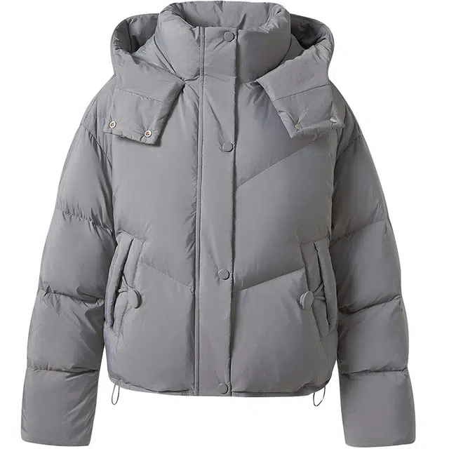 她池  纯色休闲短裤连帽保暖  含羽绒外套  女款  灰色