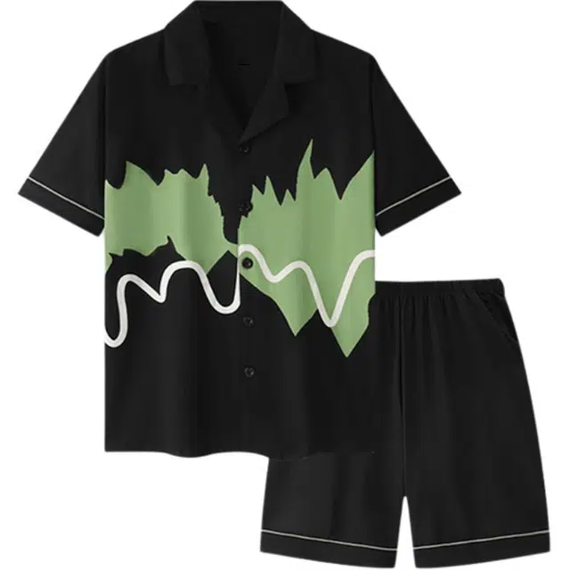 潞优野 凉感可外穿休闲短袖五分裤睡衣套装 男款 黑绿