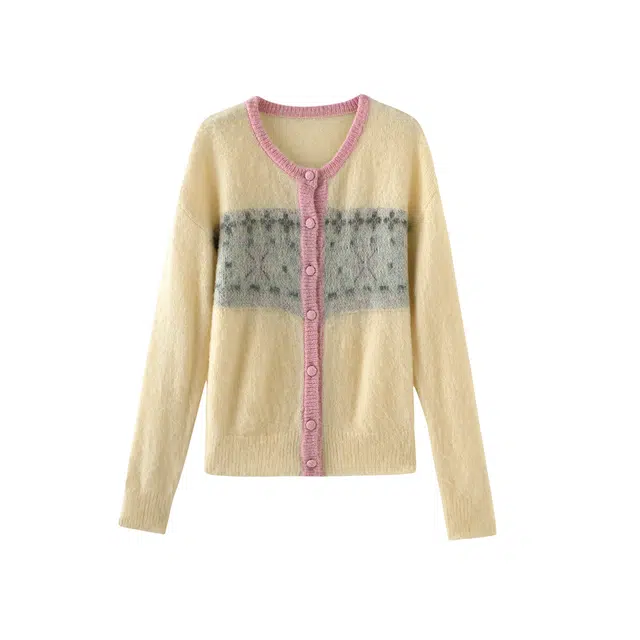 花栗鼠小姐 北欧明信片 简洁百搭民族风圆领单排扣撞色嵌花软糯合身针织衫 女款