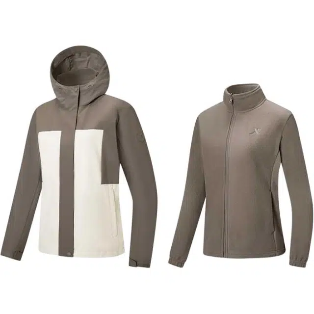 特步 综训系列 拼色拉链连帽舒适透气百搭两件套夹克外套 女款 棉花白/荆棘棕