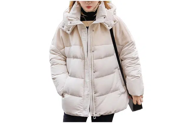 【dme】 纯色连帽拼接宽松休闲长袖羽绒服 女款 米白