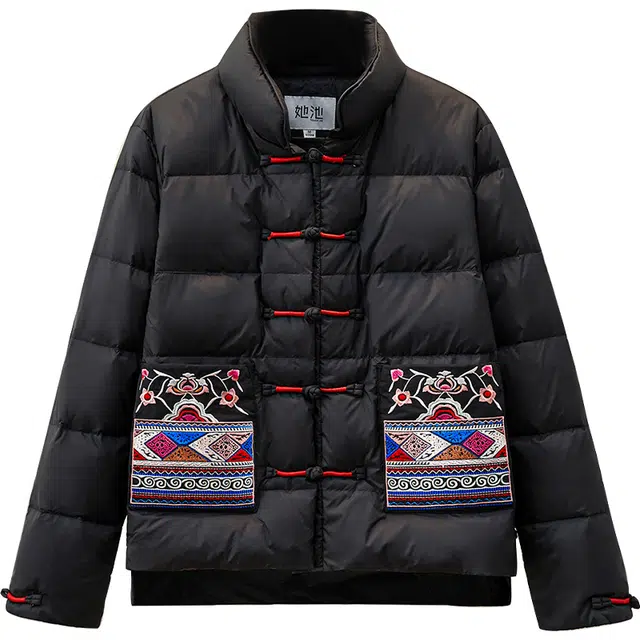 她池  民族风刺绣单排扣保暖立领长袖  含羽绒外套  女款  黑色