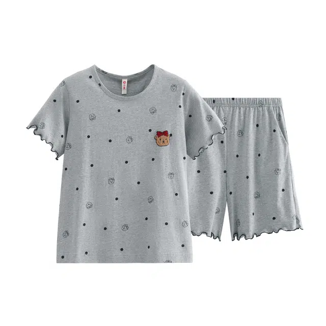 芬腾 舒适透气休闲短袖圆领家居服睡衣套装 女款 花灰