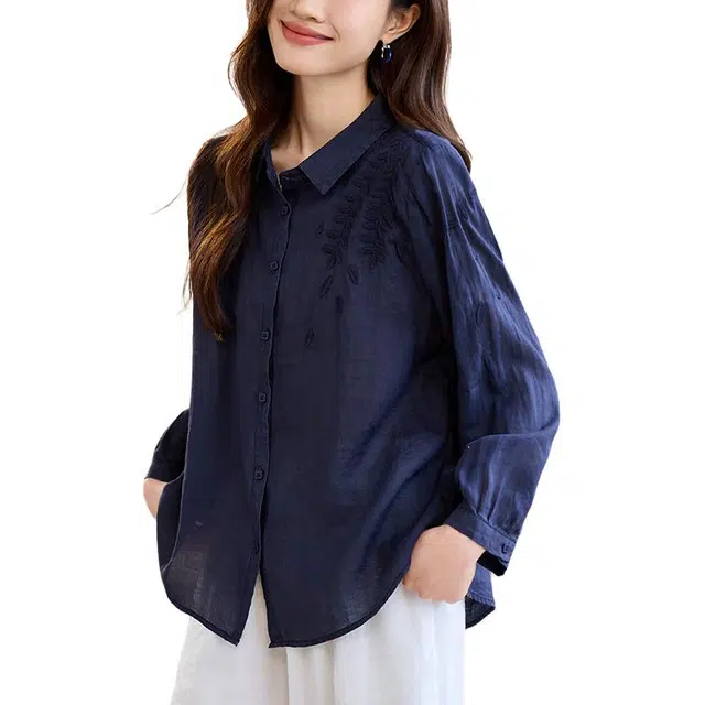 曲韩 翻领刺绣宽松上衣简约通勤轻薄苎麻长袖春季衬衫 女款