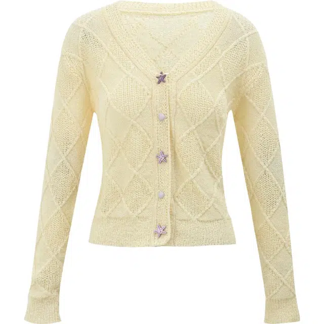 谜秀 空气感菱格针织款撞色海星扣通勤慵懒风薄款雪纺衫 女款 杏色