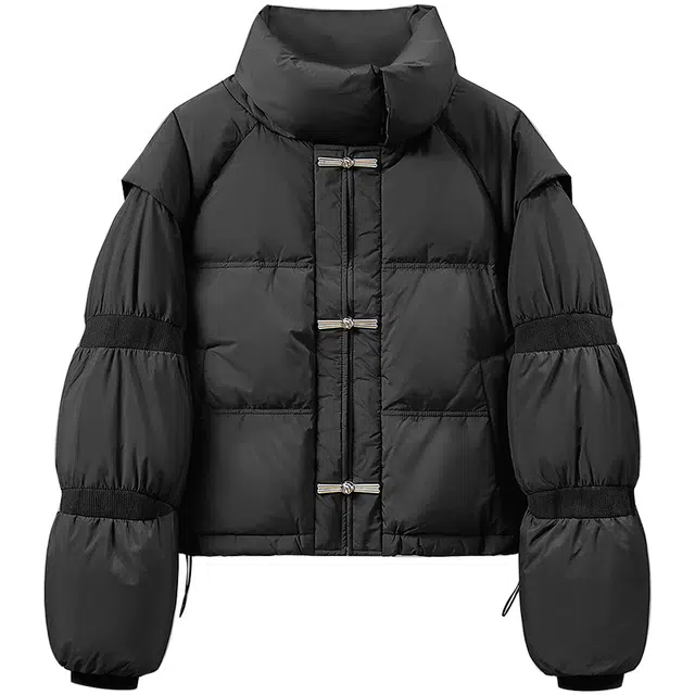 她池  立领简约拼接插肩袖长袖  含羽绒外套  女款  黑色