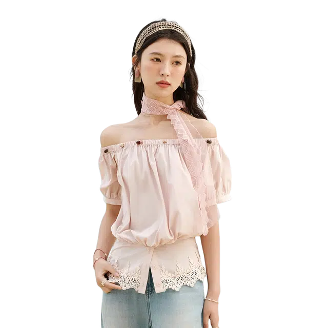 谜秀 纯色宽松泡泡袖一字领雪纺衫 女款 莲藕粉