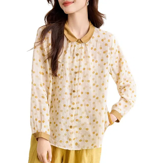 曲韩 翻领波点印花宽松上衣洋气独特轻薄苎麻长袖春季衬衫 女款