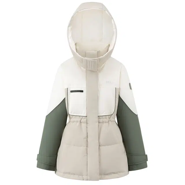 艾莱依 撞色连帽拉链宽松中长款长袖羽绒服 女款