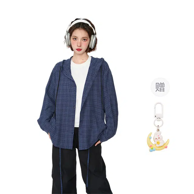 柏黛妃 格子连帽长袖防晒衬衫外套外搭开衫衬衣设计感上衣衬衫 男女同款