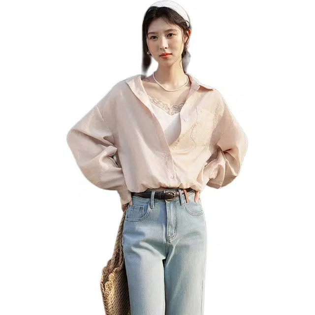 谜秀 假两件蕾丝花边可爱风宽松舒适柔肤百搭时尚简约通勤慵懒长袖衬衫 女款 柔雾粉