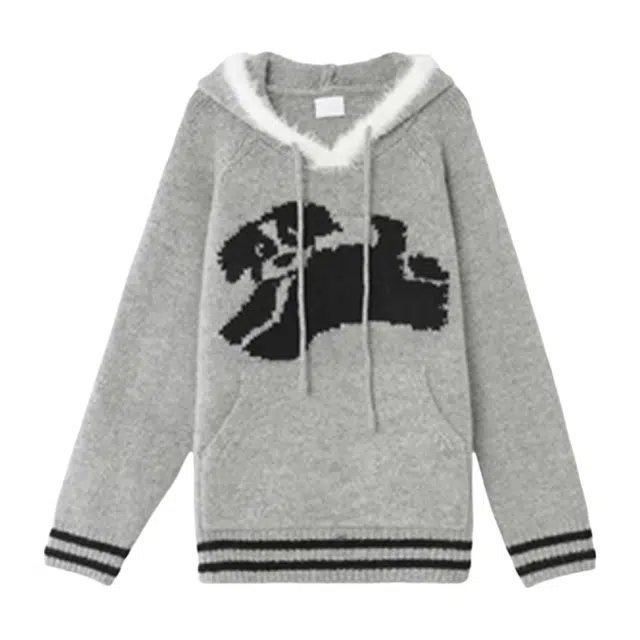 柏黛妃 小狗连帽慵懒风宽松加厚针织衫 女款 灰色