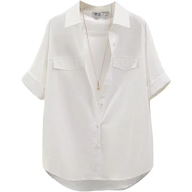 她池 简约宽松翻领单排扣短袖衬衫 女款 白色